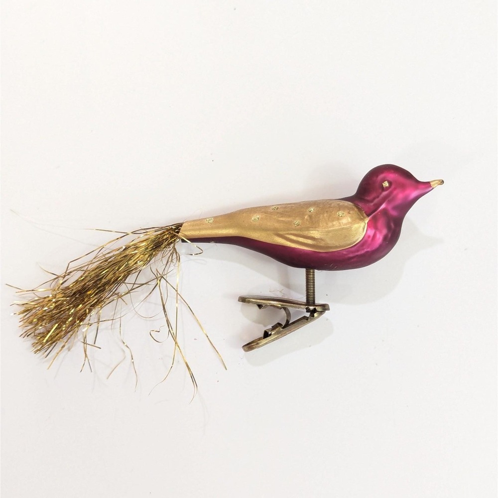 Vintage Glass Clip On Bird Burgandy Gold Tinsel Tail Christmas Ornament